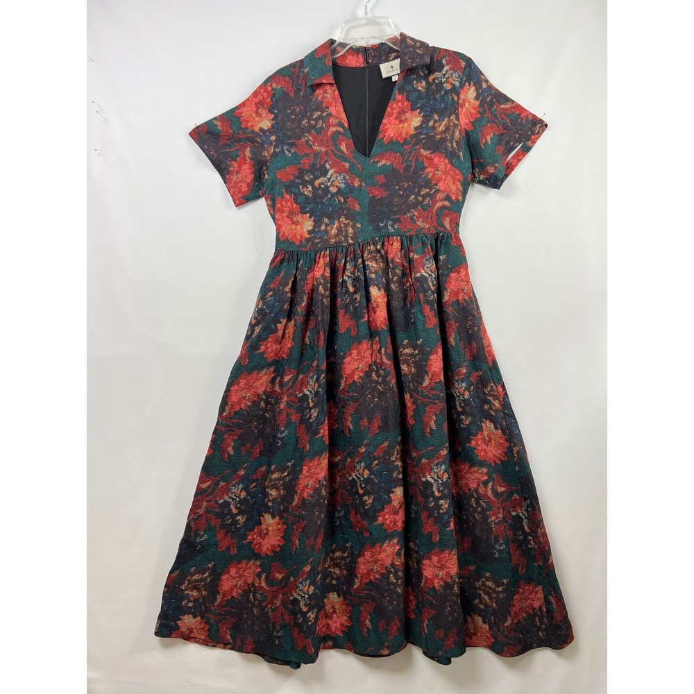 Tuckernuck Floral Maxi Midi Dress Women Size M Jacquard V-Neck Short Sleeve